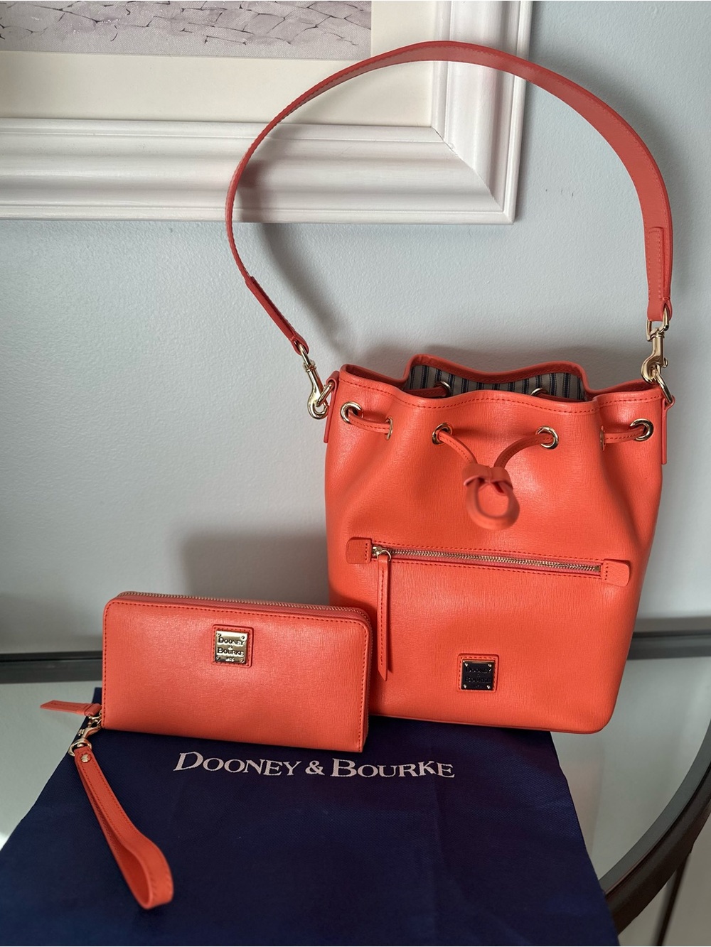 ✨ EUC Dooney & Bourke Saffiano Drawstring Bucket Bag & Matching Wallet Set Coral